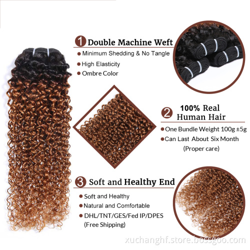 Three Tone Ombre Brazilian Hair Bundles Kinky Curly 1PC Human Hair Extensions 1B/4/30 Remy Hair Weave